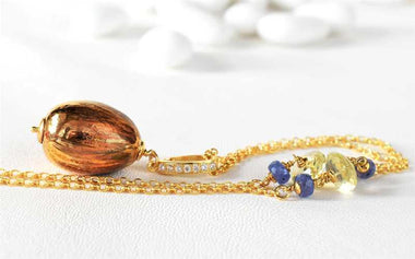 Collana trasformabile, tanzanite, quarzo e ceramica dipinta oro 24k