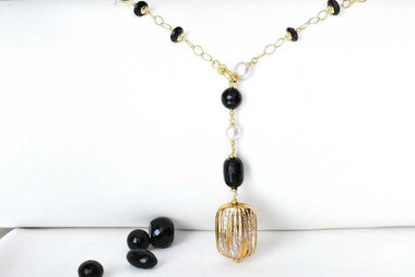 Collana con onice, perle e ceramica dipinta oro 24k