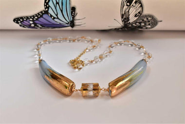 Girocollo con quarzo e ceramica dipinta oro zecchino e foglia oro 24k