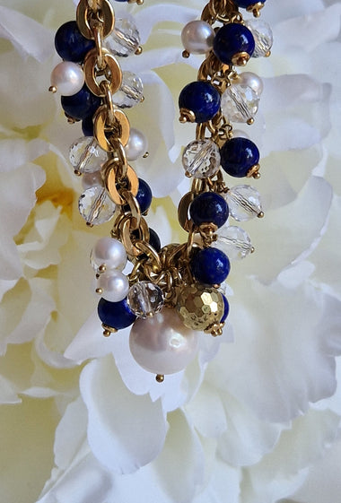 Bracciale con perle, lapislazzuli e cristallo di rocca dipinto oro 24k
