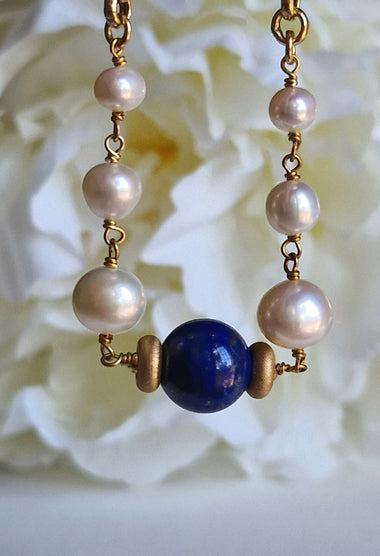 Bracciale in argento 925 placcato oro 18kt con lapislazzuli e perle