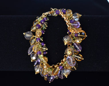 Bracciale multifilo con ametista,quarzo e cristallo di rocca dipinto oro 24k