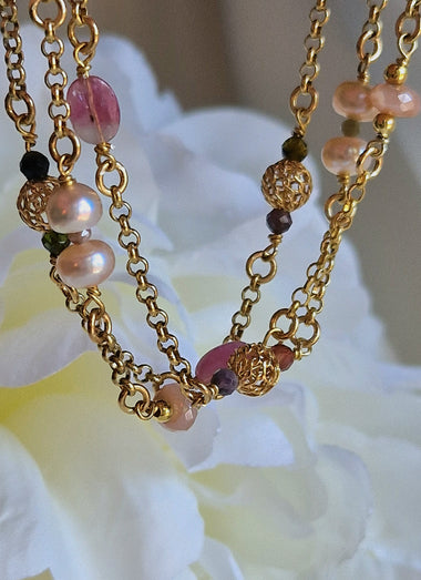 Bracciale multifilo in argento, perle, tormalina e pietra di luna