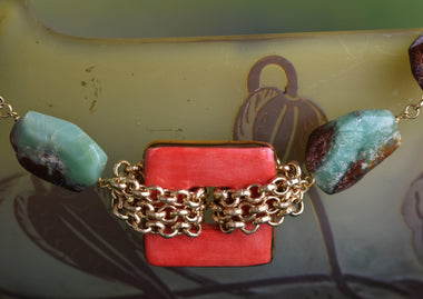 Collana donna con crisoprasio e ceramica dipinta a mano con oro 24k