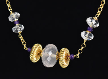 Collana in argento con quarzo rosa, ametista e cristallo di rocca
