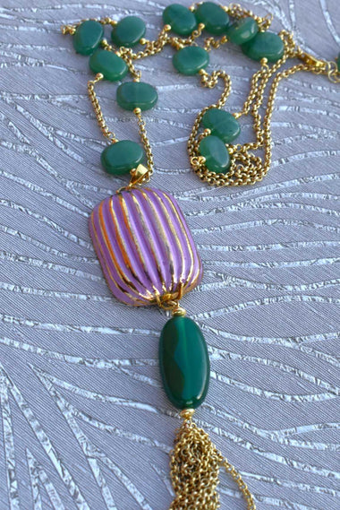 Collana lunga con avventurina e ceramica dipinta a mano oro puro 24 k