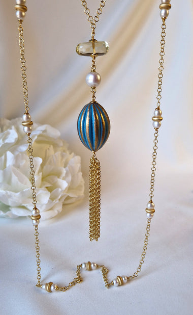 Collana lunga con perle e ceramica dipinta oro 24k