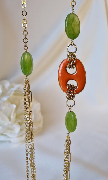 Collana lunga multifilo in argento 925 placcato oro 18k con giada e ceramica dipinta a mano oro 24k