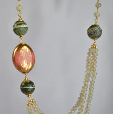 Collana multifilo con ceramica dipinta oro 24k, prehnite e diaspro