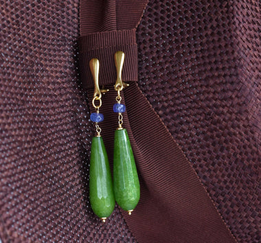 Orecchini pendenti donna a clip con tanzanite e giada