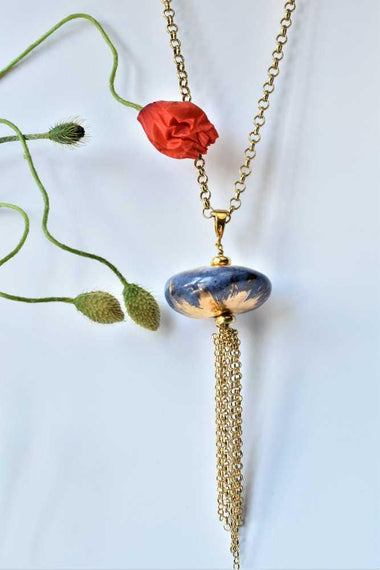 Collana lunga con ceramica dipinta oro 24k e quarzo