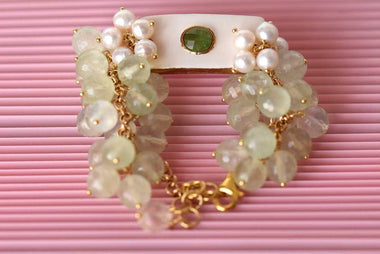 Bracciale con perle tormalina, prehnite e ceramica dipinta oro 24k