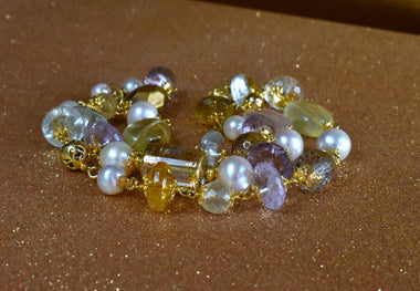 Bracciale multifilo in argento con cristallo di rocca dipinto oro 24k, ametista e quarzo