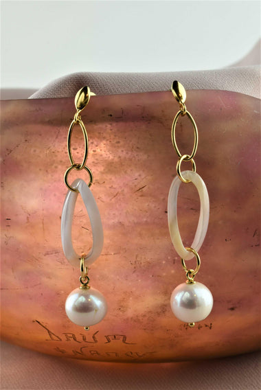 Orecchini pendenti in argento 925 placcato oro 18k con perle naturali di acqua dolce e agata