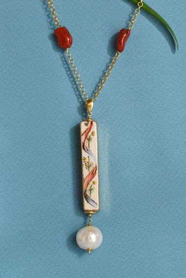 Collana con ceramica dipinta oro 24k e corallo