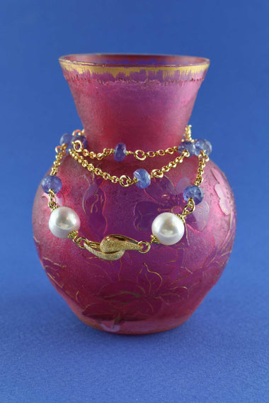 Collana donna a rosario in argento 925 placcato oro 18k intervallata con rondelle sfaccettate di tanzanite e perle