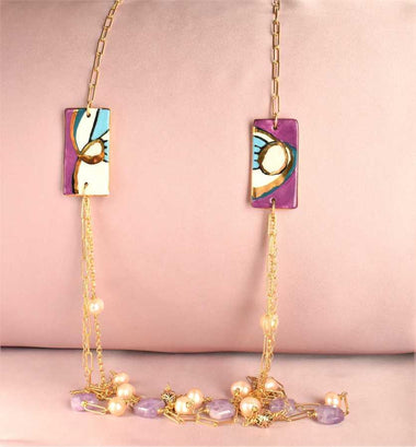 Collana lunga con perle, ametista, quarzo rosa e ceramica dipinta oro 24k