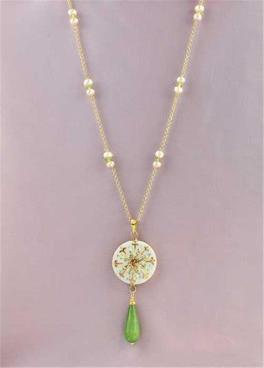 Collana in argento 925 placcato oro 18k con pendente in ceramica dipinta a mano oro 24k, perle e peridoto