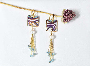 Orecchini pendenti con topazio, perle e ceramica dipinta a mano oro 24k