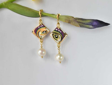 Orecchini pendenti con perle e ceramica dipinta oro 24k