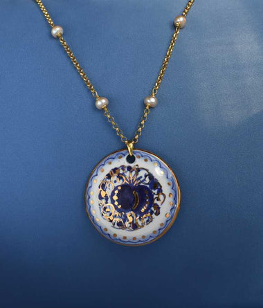 Collana donna lunga di perle e maiolica dipinta oro 24k