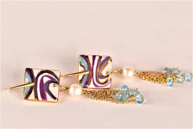 Orecchini pendenti con topazio, perle e ceramica dipinta a mano oro 24k