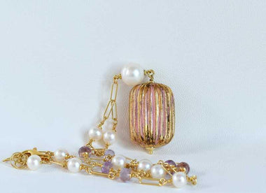 Collana con ametista, perle e ceramica dipinta oro 24k