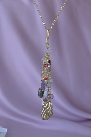 Collana con pendente staccabile, giada, ametista, pietra di luna, perla e cristallo di rocca