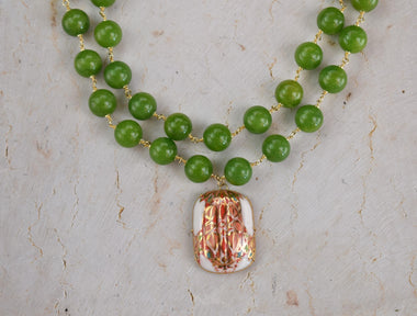 Collana con ceramica dipinta oro 24k e giada