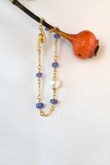 Bracciale donna in argento 925 placcato oro 18k con tanzanite e perla