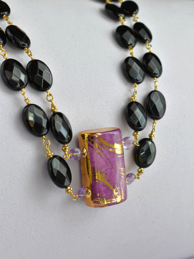 Girocollo in argento 925 con pendente in ceramica con oro 24k, ametista e onice