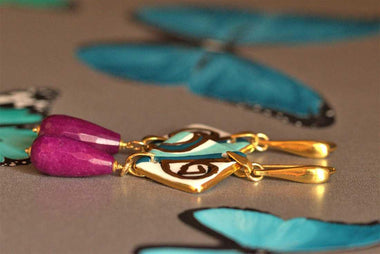 Orecchini pendenti in ceramica dipinta oro 24k e agata