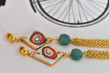 Orecchini pendenti donna in ceramica dipinta oro 24k e avventurina