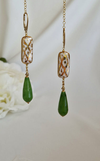Orecchini pendenti giada e ceramica dipinta oro 24k