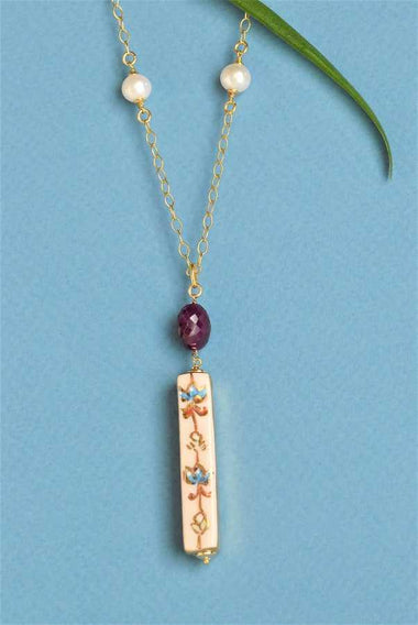 Collana choker in argento con ceramica dipinta a mano oro 24k rubino e perle