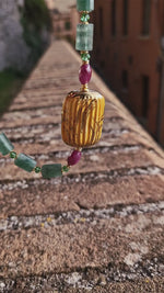 Collana con ceramica dipinta oro 24k, rubino e giada