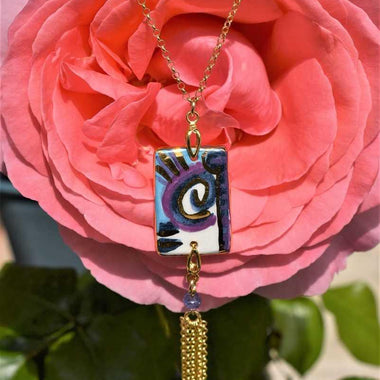 Collana di tanzanite e ceramica dipinta a mano oro puro terzo fuoco
