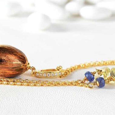Collana trasformabile, tanzanite, quarzo e ceramica dipinta oro 24k