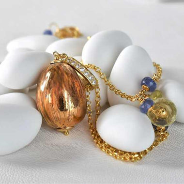 Collana trasformabile, tanzanite, quarzo e ceramica dipinta oro 24k