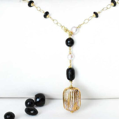 Collana con onice, perle e ceramica dipinta oro 24k