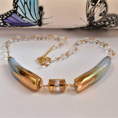 Girocollo con quarzo e ceramica dipinta oro zecchino e foglia oro 24k