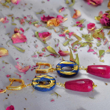 Orecchini donna pendenti con lapislazzuli e agata dipinti oro 24k