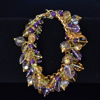 Bracciale multifilo con ametista,quarzo e cristallo di rocca dipinto oro 24k