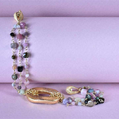 Bracciale donna multifilo con tormalina e ceramica dipinta oro 24k