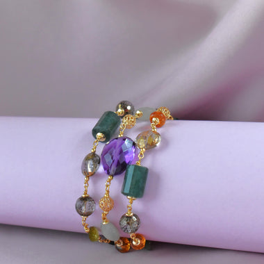 Bracciale multifilo in argento 925 con zaffiri, tormaline, ametista, quarzi dipinti oro 24k e giada