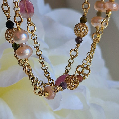 Bracciale multifilo in argento, perle, tormalina e pietra di luna