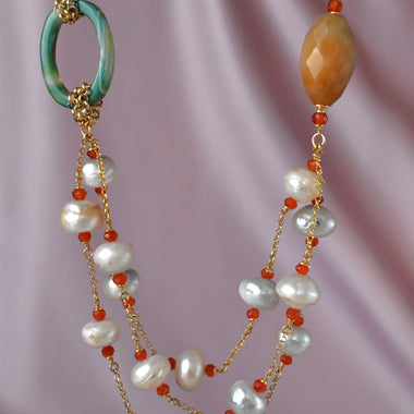 Collana multifilo con perle, prehnite, agata, calcite e corniola