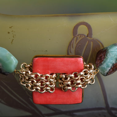 Collana donna con crisoprasio e ceramica dipinta a mano con oro 24k