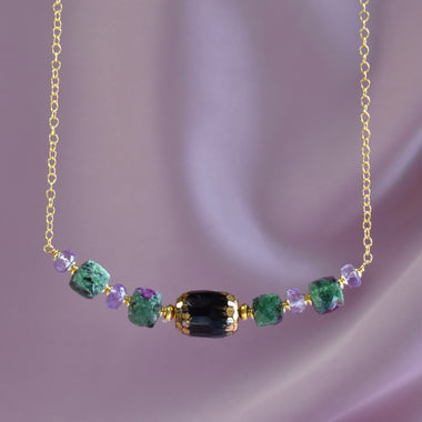 Collana con zoisite, onice dipinto oro 24k e ametista