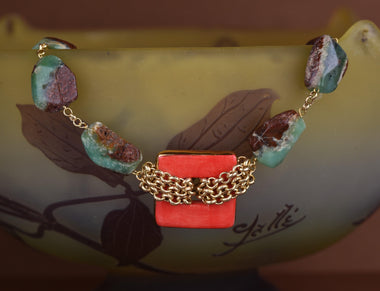 Collana donna con crisoprasio e ceramica dipinta a mano con oro 24k